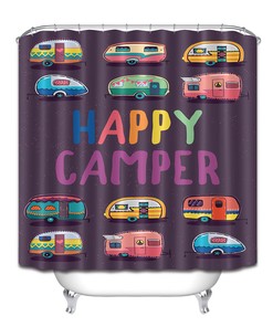 Happy Camper Trailer Waterproof Fabric Bathroom Hooks Shower Curtain For A Travel Theme 