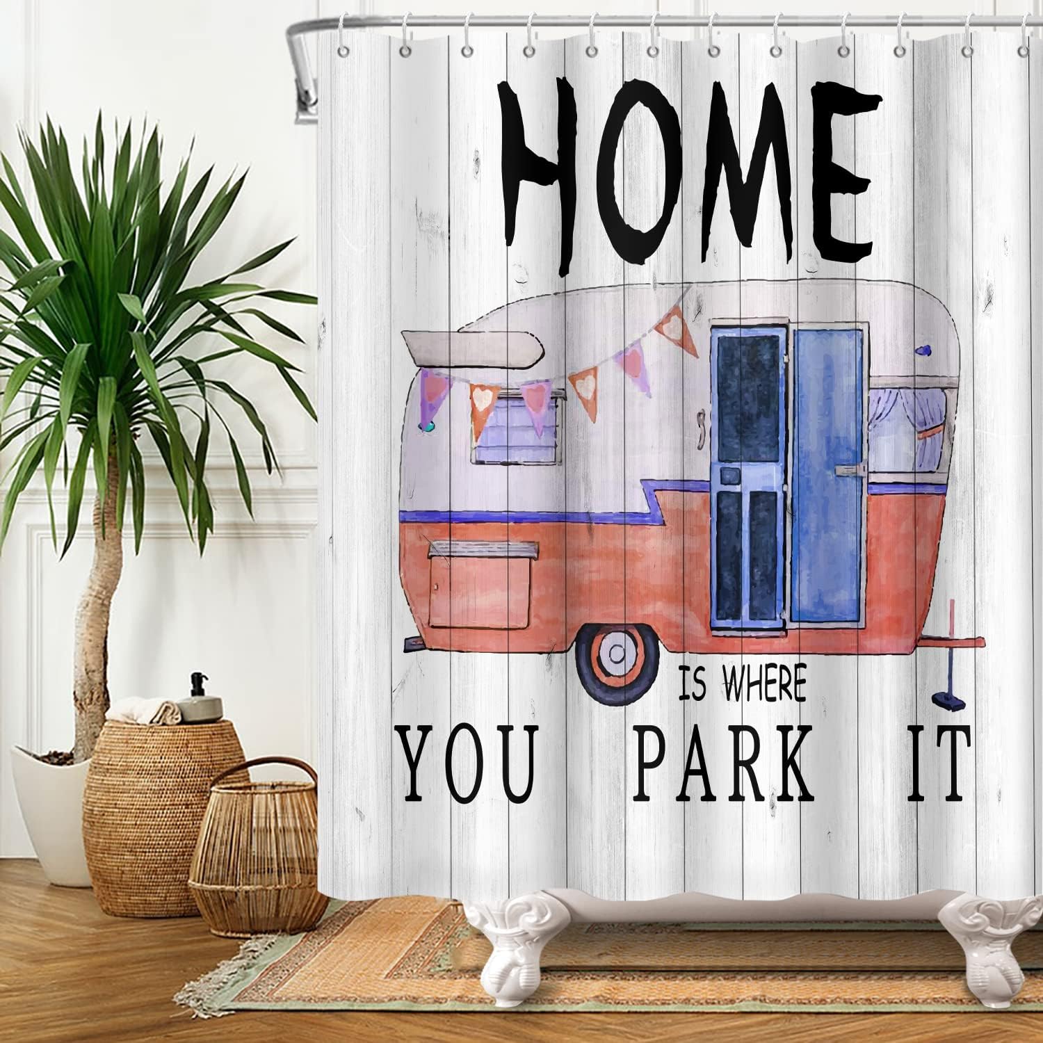 Happy Camper Travel Trailer Camping Waterproof Fabric Shower Curtain for Bathroom Decor