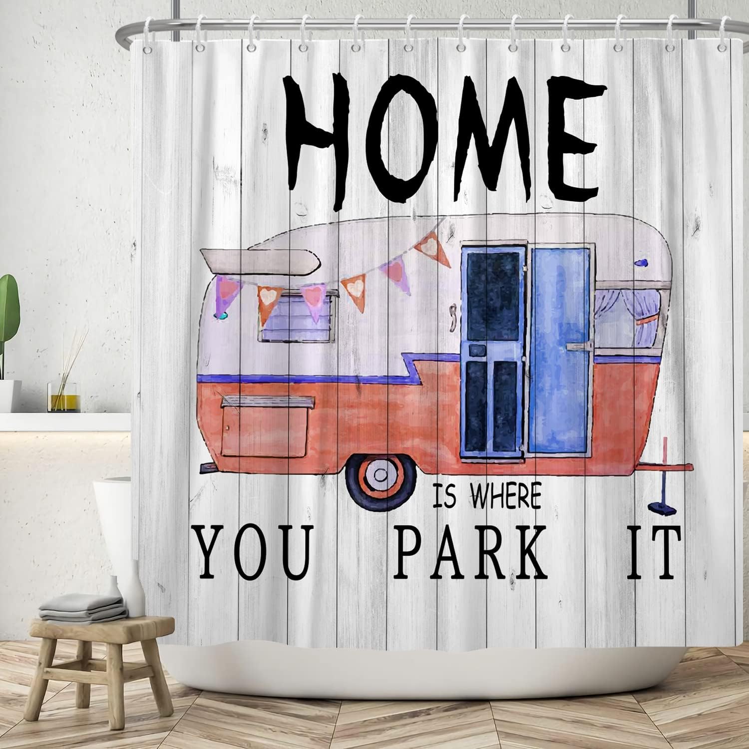 Happy Camper Travel Trailer Camping Waterproof Fabric Shower Curtain for Bathroom Decor