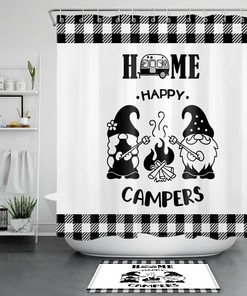 Happy Campers Black White Rustic Plaid Funny Gnome Shower Curtain - Cute Bathroom Decor