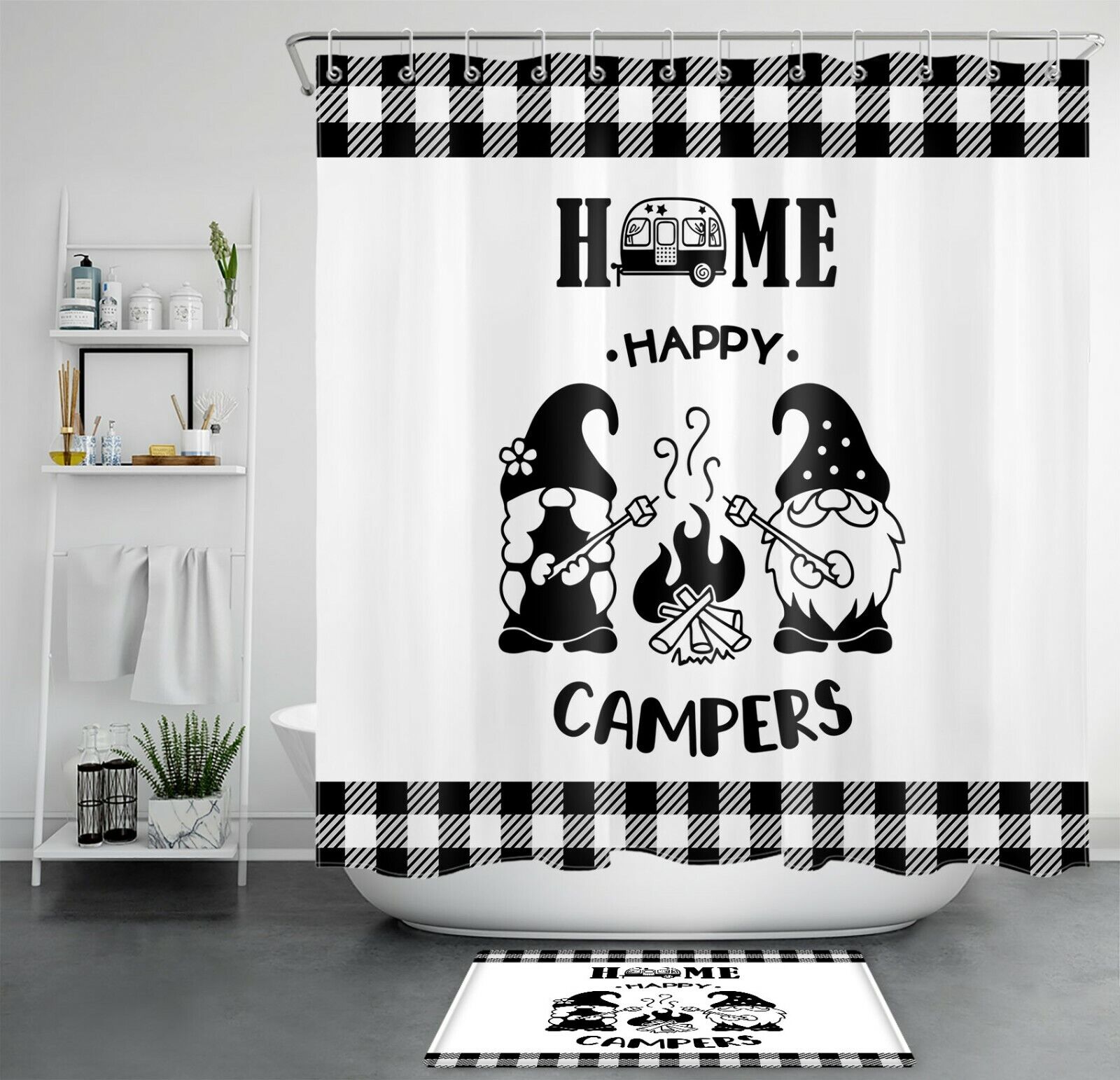 Happy Campers Black White Rustic Plaid Funny Gnome Shower Curtain - Cute Bathroom Decor