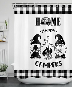 Happy Campers Black White Rustic Plaid Funny Gnome Shower Curtain - Cute Bathroom Decor