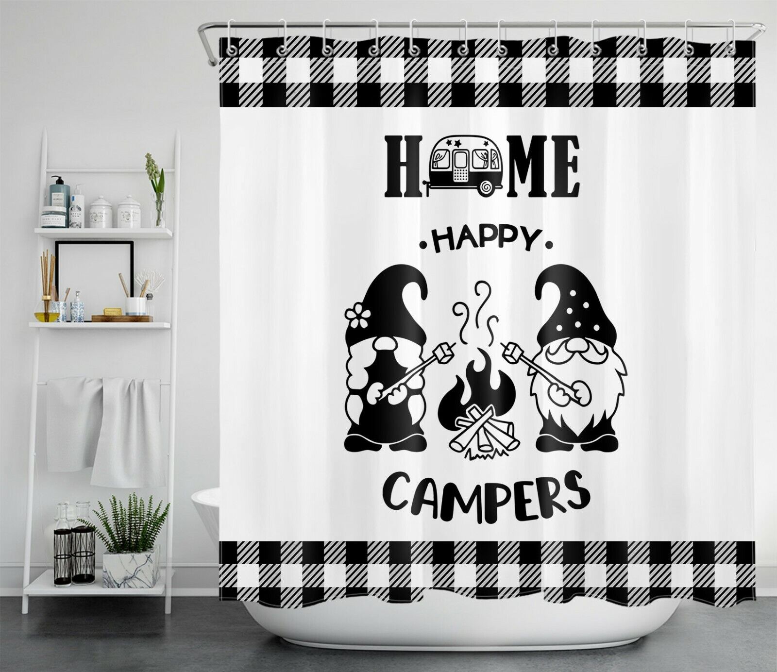 Happy Campers Black White Rustic Plaid Funny Gnome Shower Curtain - Cute Bathroom Decor