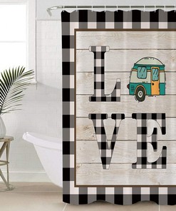 Happy Camping Camper Bus Black Grid Shower Curtain, Fun Bathroom Decor