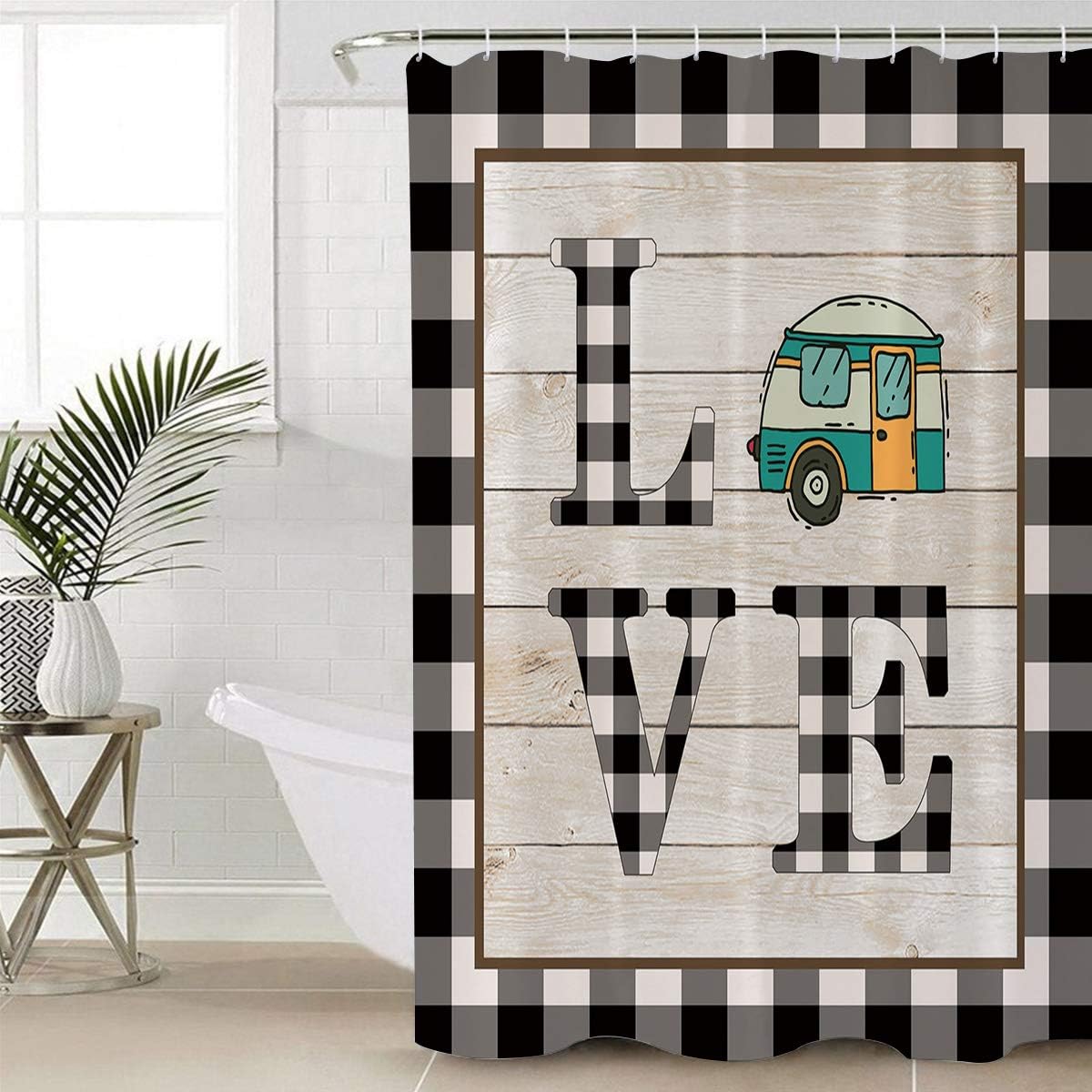 Happy Camping Camper Bus Black Grid Shower Curtain, Fun Bathroom Decor