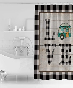 Happy Camping Camper Bus Black Grid Shower Curtain, Fun Bathroom Decor