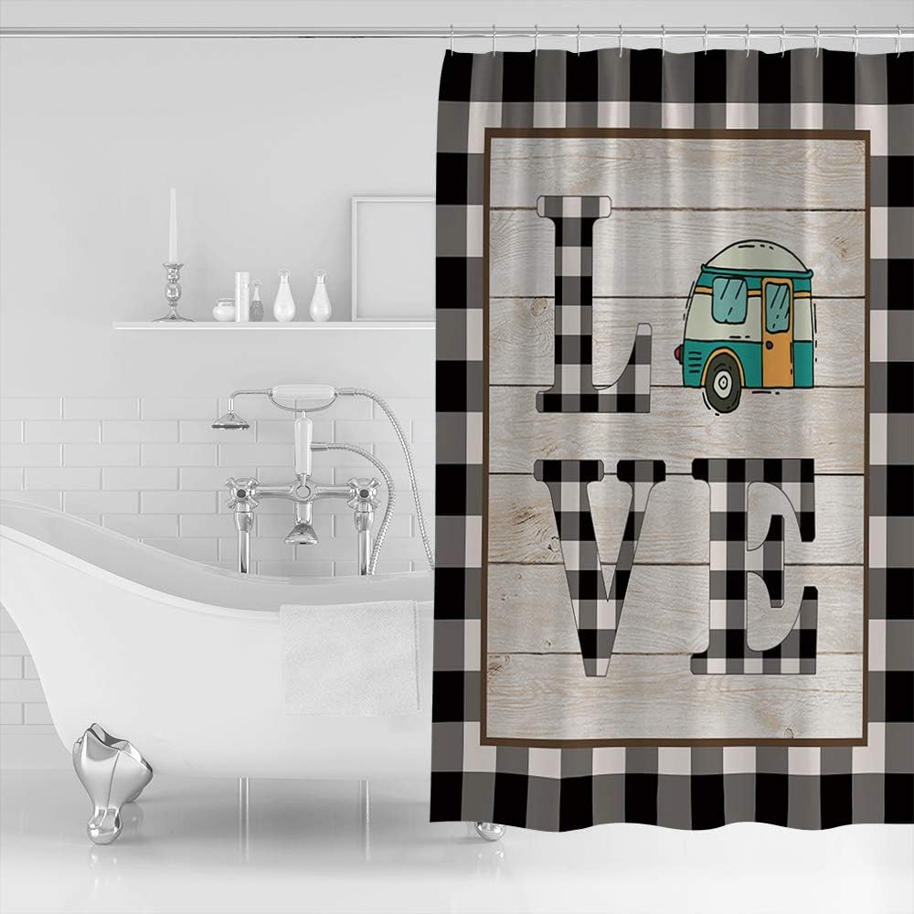 Happy Camping Camper Bus Black Grid Shower Curtain, Fun Bathroom Decor
