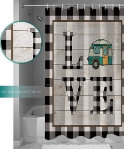 Happy Camping Camper Bus Black Grid Shower Curtain, Fun Bathroom Decor