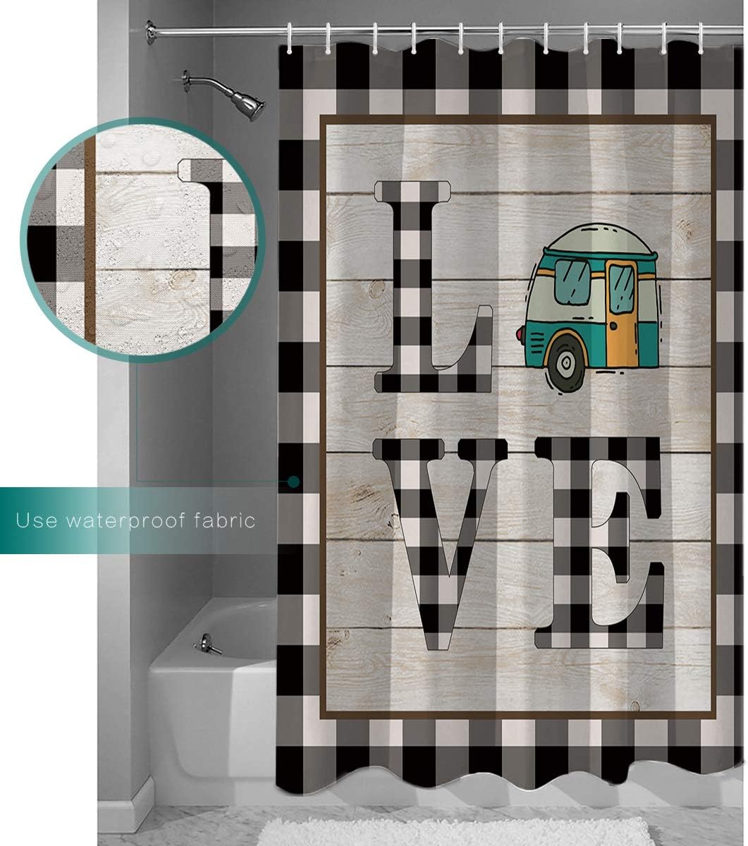 Happy Camping Camper Bus Black Grid Shower Curtain, Fun Bathroom Decor