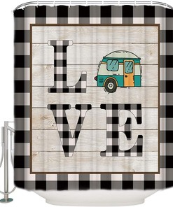 Happy Camping Camper Bus Black Grid Shower Curtain, Fun Bathroom Decor