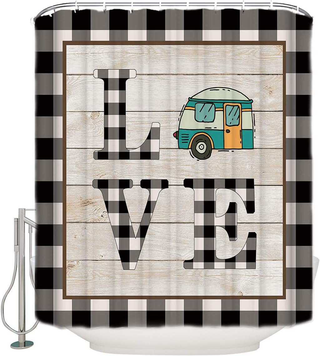 Happy Camping Camper Bus Black Grid Shower Curtain, Fun Bathroom Decor
