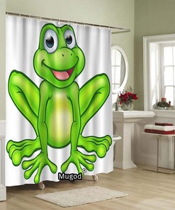 Happy Cartoon Frog Shower Curtain with Mascot Character Design for A Fun and Cute Bathroom Decor