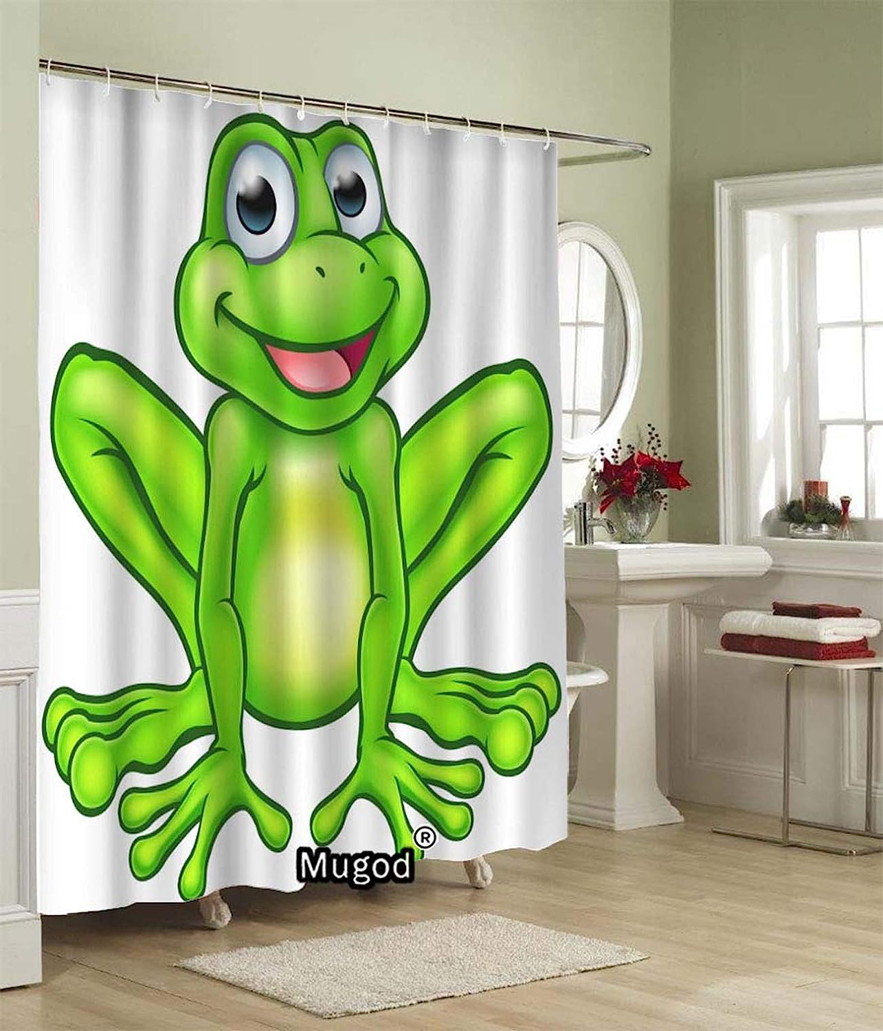 Happy Cartoon Frog Shower Curtain with Mascot Character Design for A Fun and Cute Bathroom Decor