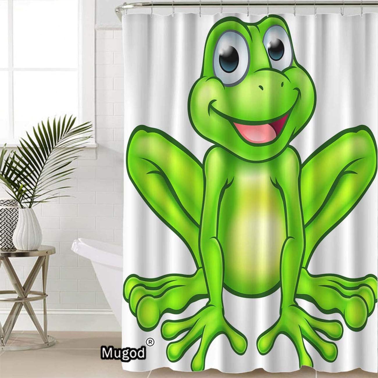 Happy Cartoon Frog Shower Curtain with Mascot Character Design for A Fun and Cute Bathroom Decor