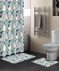 Happy Christmas Cute Penguin Sport Winter Fun Cartoon Illustration Shower Curtain Sets
