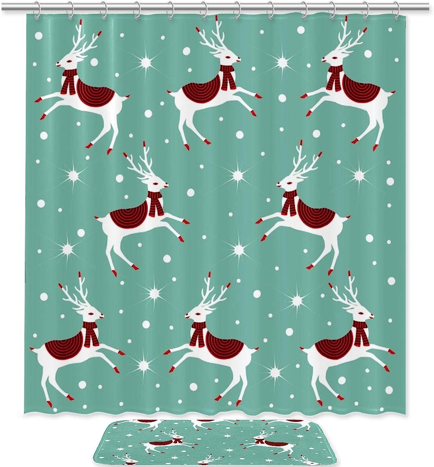 Happy Christmas Scarf Deer Printed Bathroom Tub Set With Waterproof Fabric Shower Curtain