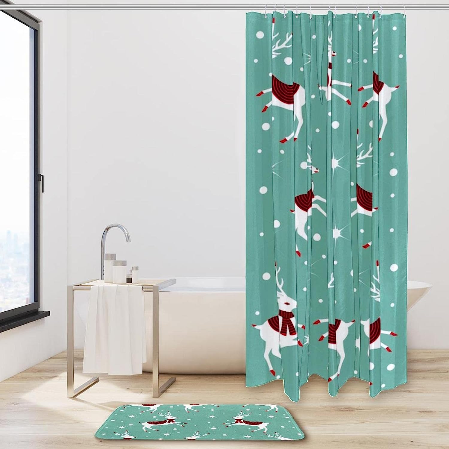 Happy Christmas Scarf Deer Printed Bathroom Tub Set With Waterproof Fabric Shower Curtain - Image 2