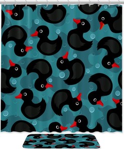 Happy Duck Family Cartoon Shower Curtain Bath Mat Durable Waterproof Bathroom Decor