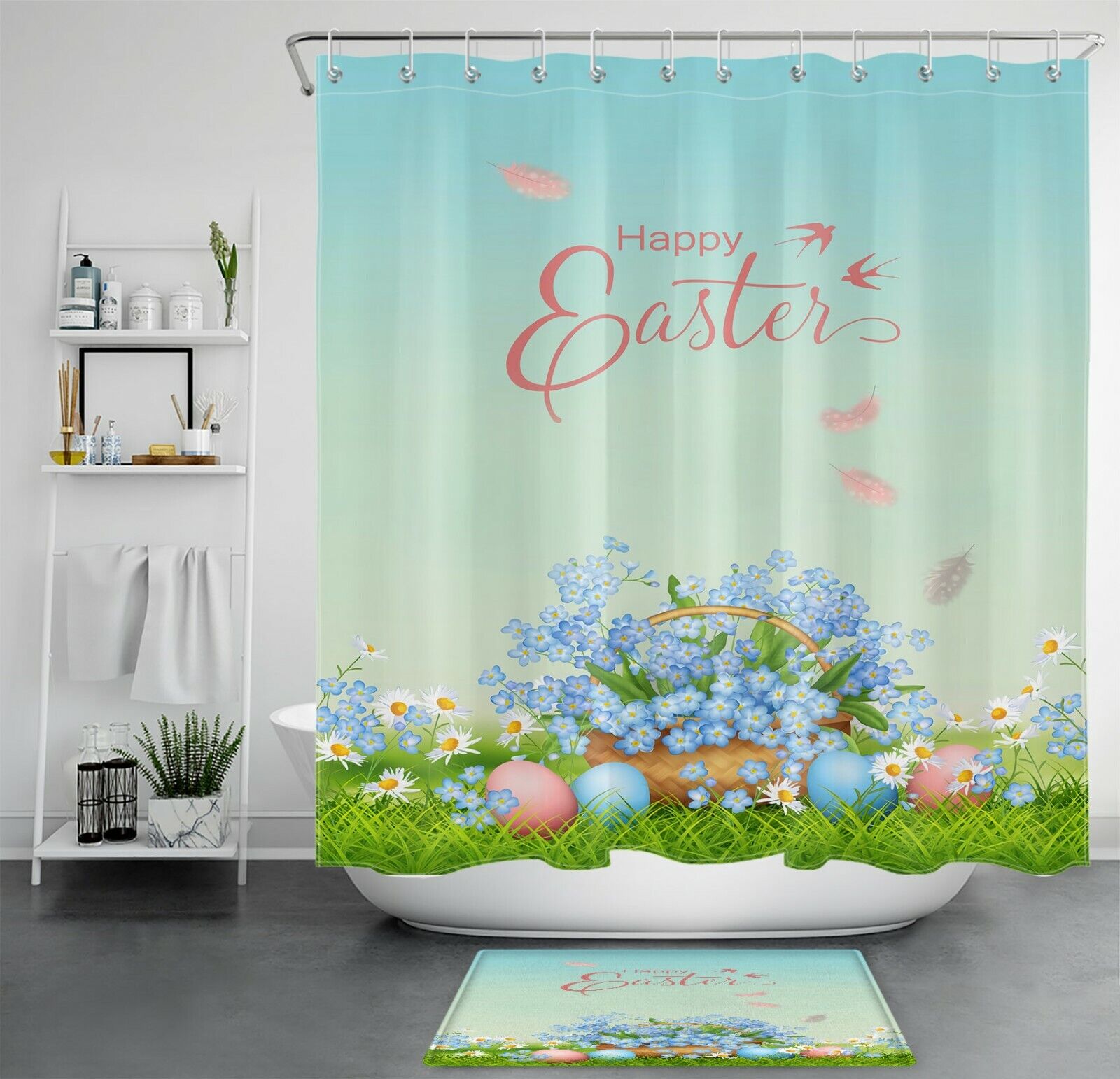 Happy Easter Blue and White Flowers Shower Curtain, Perfect for Your Easter Bathroom Decor