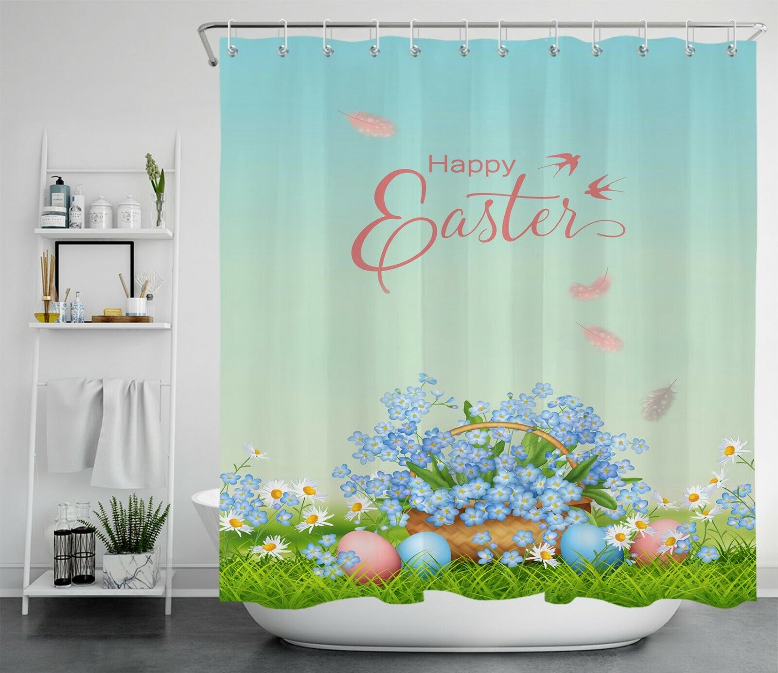 Happy Easter Blue and White Flowers Shower Curtain, Perfect for Your Easter Bathroom Decor