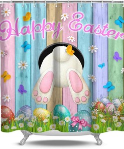 Happy Easter Bunny Luxury Shower Curtain With Tulip Flowers And Gnomes Bathtubs Bathroom Curtain Decor 12