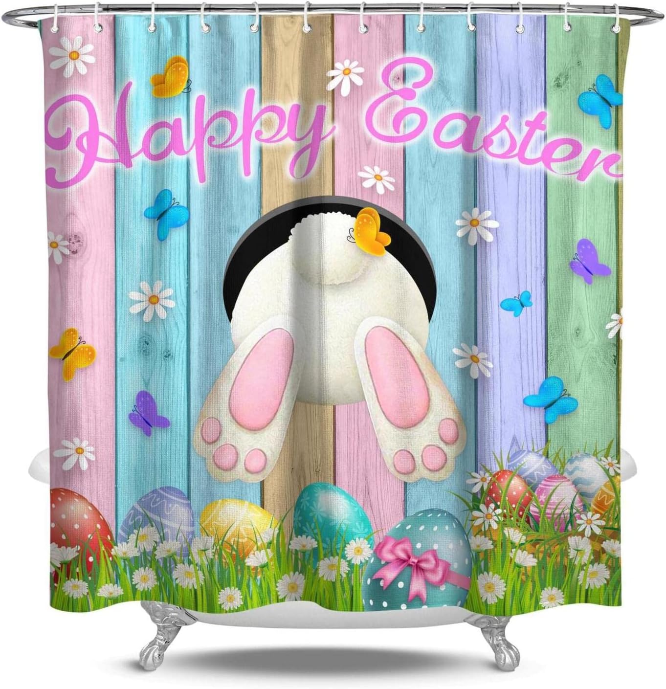 Happy Easter Bunny Luxury Shower Curtain With Tulip Flowers And Gnomes Bathtubs Bathroom Curtain Decor 12