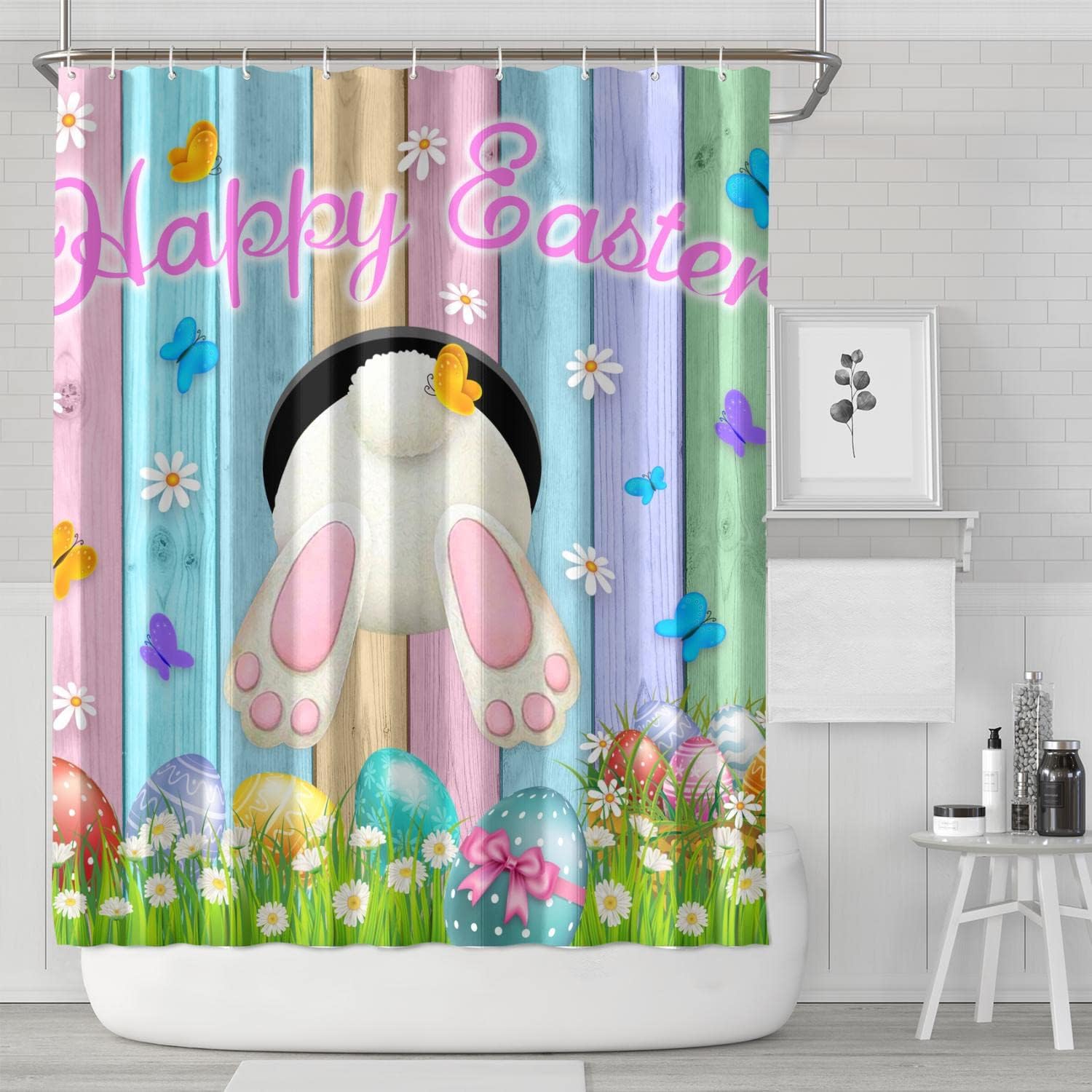 Happy Easter Bunny Luxury Shower Curtain With Tulip Flowers And Gnomes Bathtubs Bathroom Curtain Decor 12