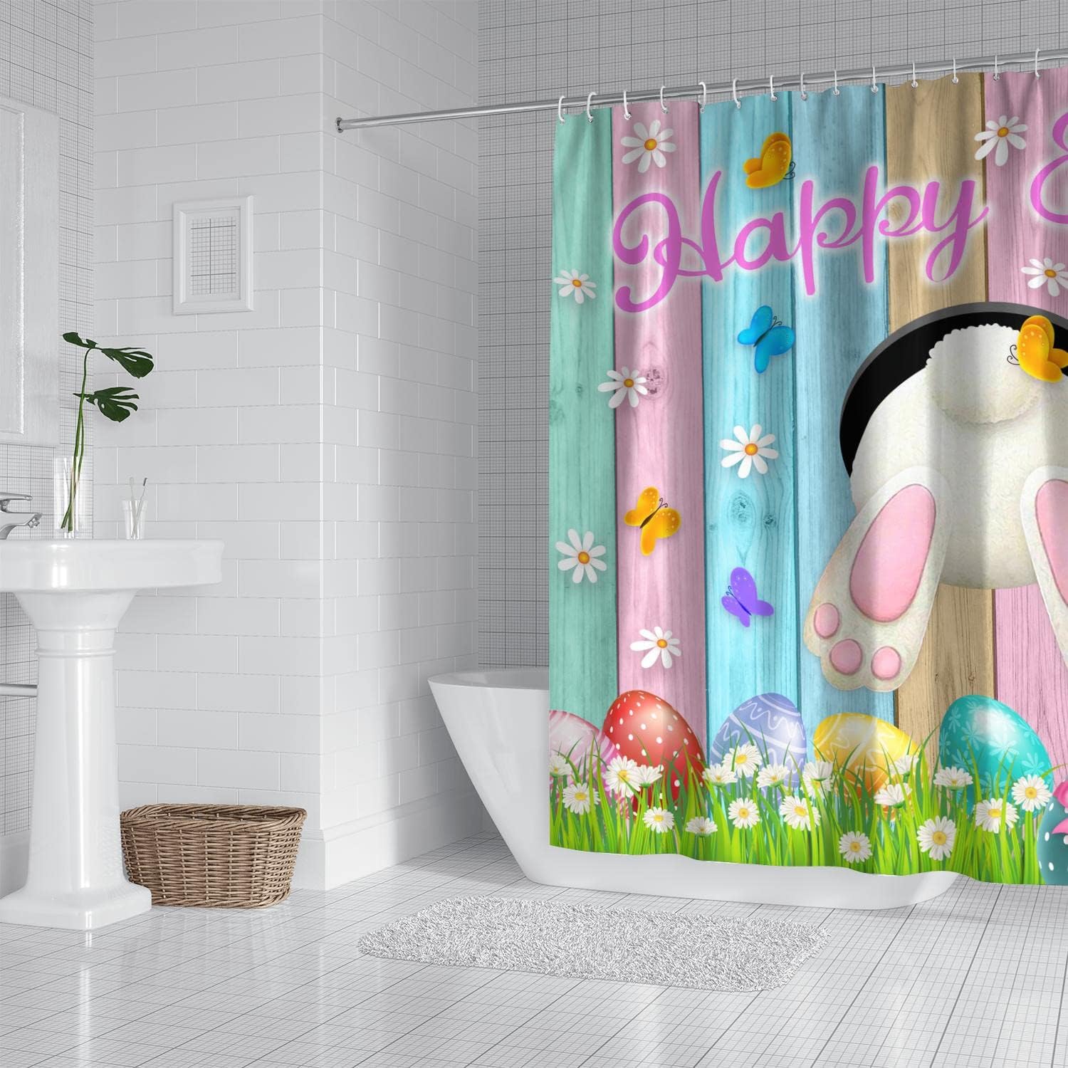 Happy Easter Bunny Luxury Shower Curtain With Tulip Flowers And Gnomes Bathtubs Bathroom Curtain Decor 12
