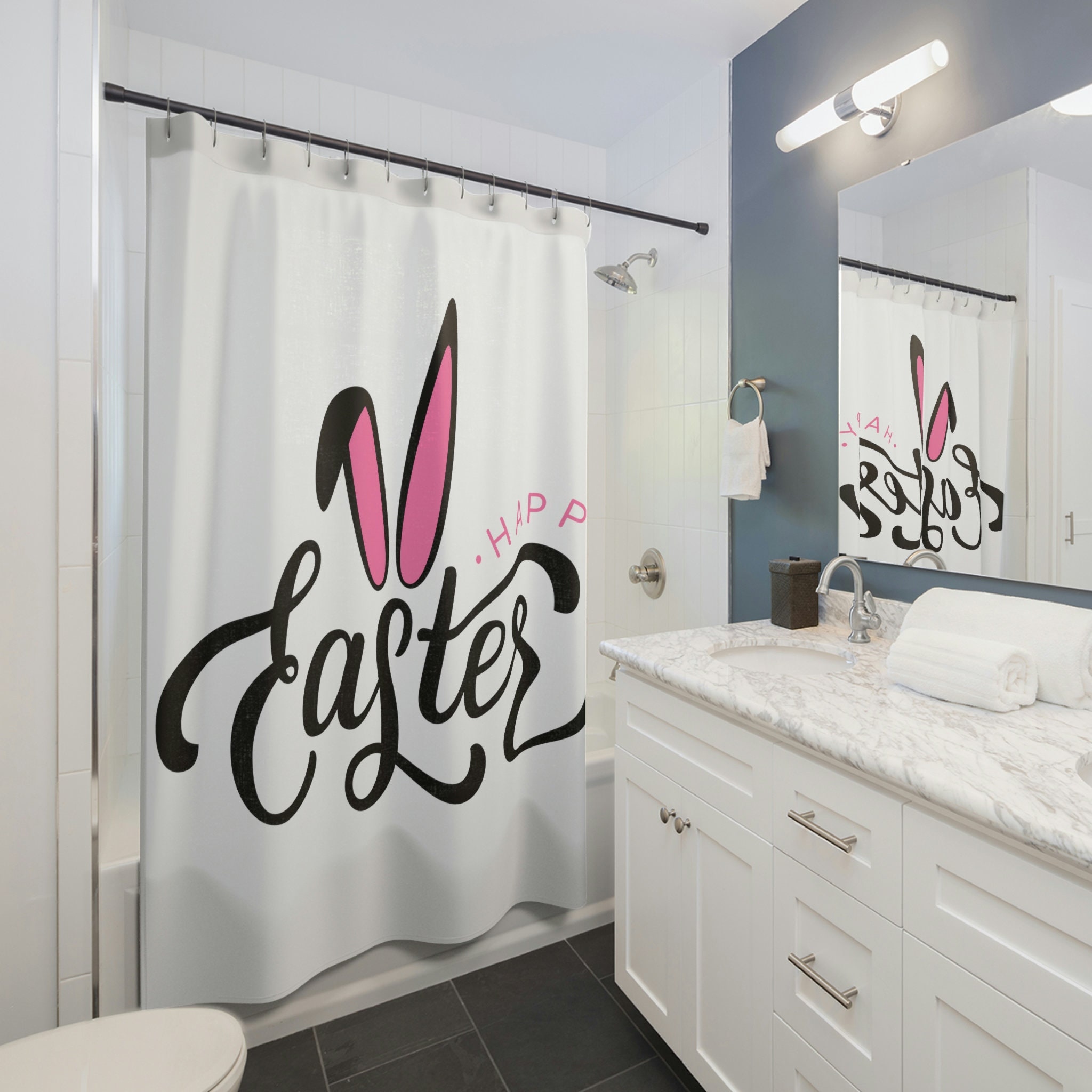 Happy Easter Bunny Shower Curtain - Cute Holiday Bathroom Decor
