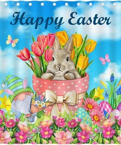 Happy Easter Bunny Shower Curtain with Tulip Flowers and Gnomes for a Festive Bathroom
