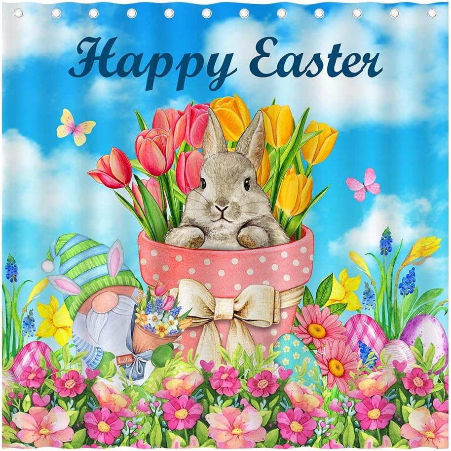 Happy Easter Bunny Shower Curtain with Tulip Flowers and Gnomes for a Festive Bathroom