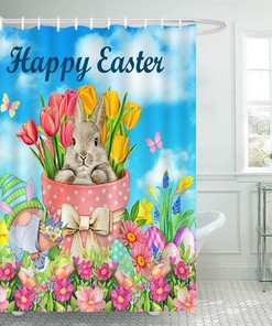 Happy Easter Bunny Shower Curtain with Tulip Flowers and Gnomes for a Festive Bathroom
