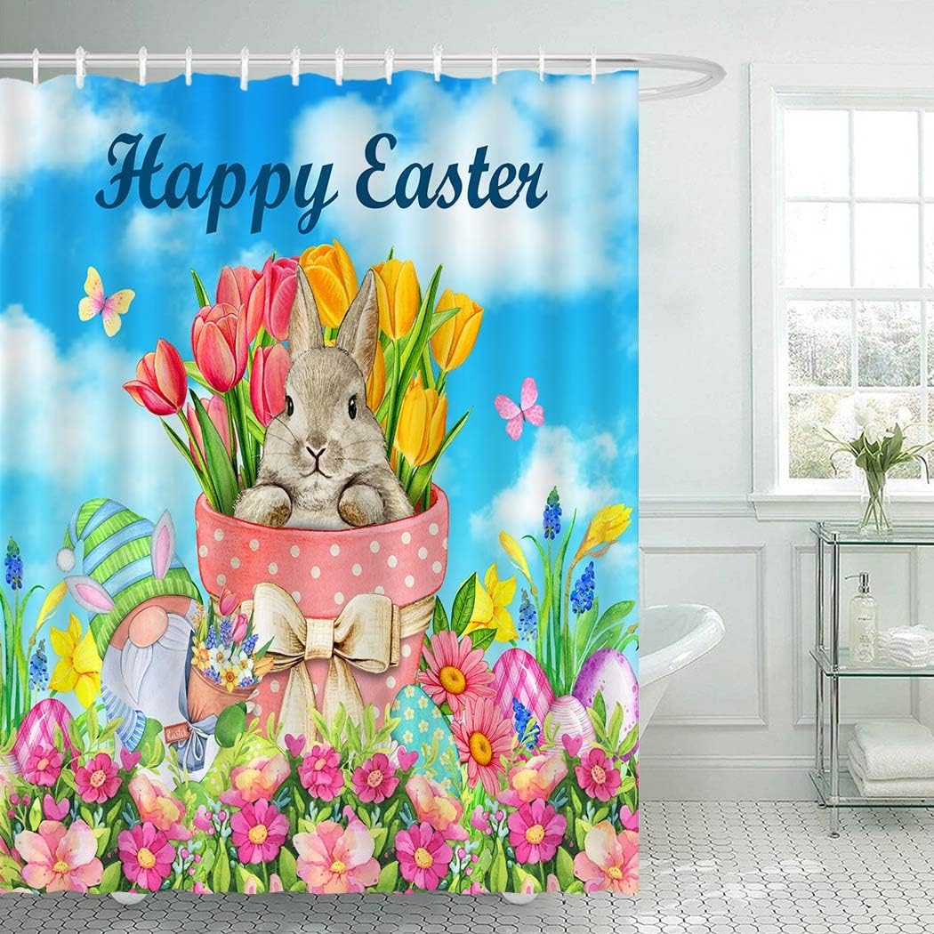 Happy Easter Bunny Shower Curtain with Tulip Flowers and Gnomes for a Festive Bathroom
