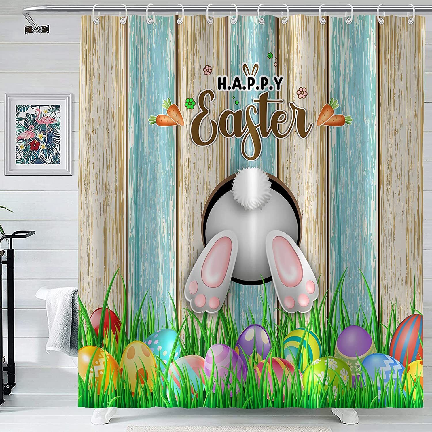 Happy Easter Cartoon Shower Curtain For Cute Bathroom Decor