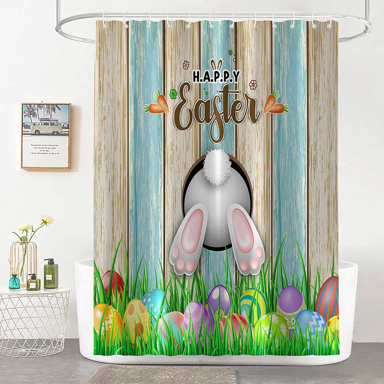 Happy Easter Cartoon Shower Curtain For Cute Bathroom Decor - Image 2