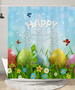 Happy Easter Colorful Shower Curtain With Eggs, Flowers, And Grass For Kids Bathroom Decor