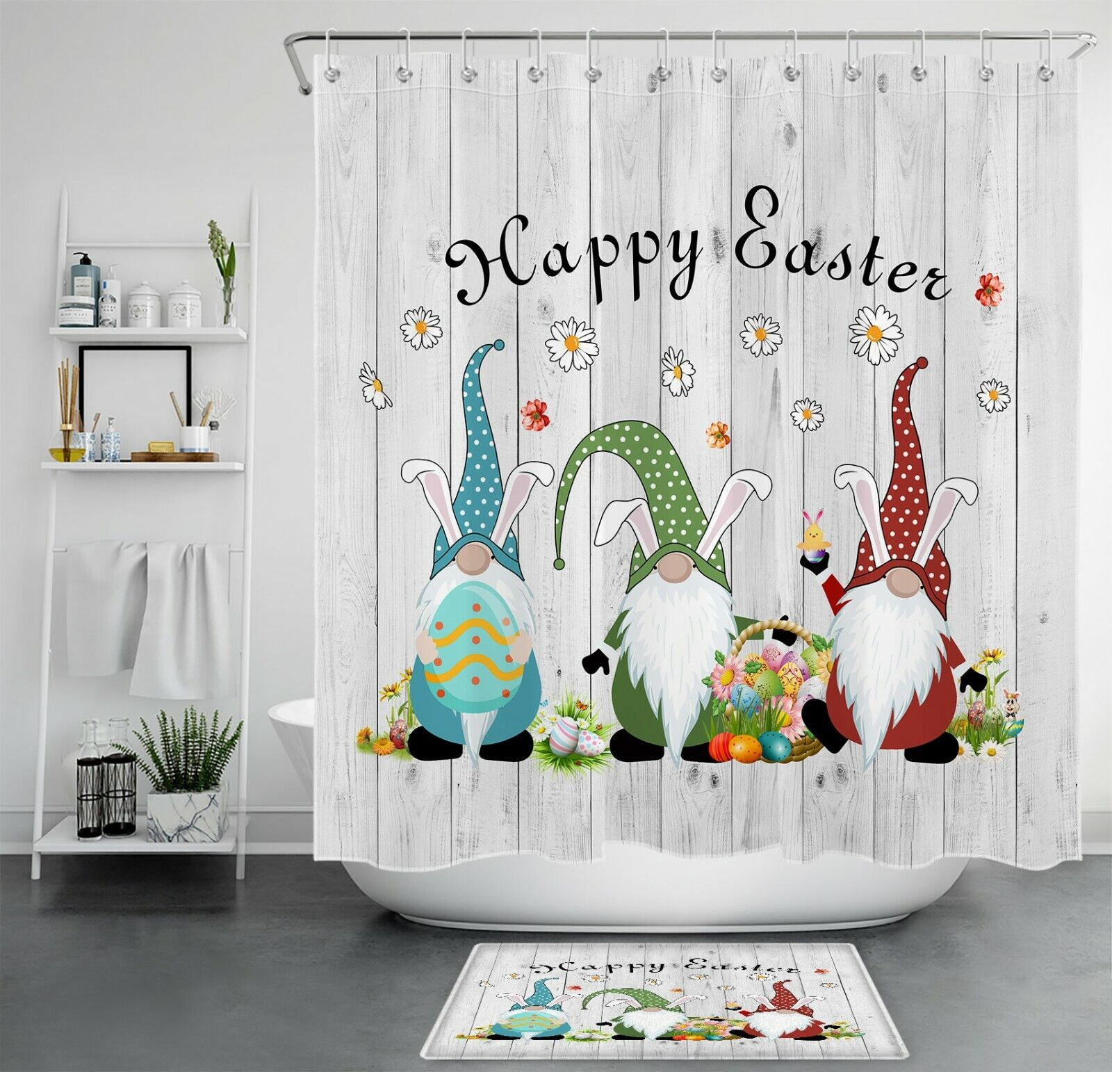 Happy Easter Gnome Rustic Board Shower Curtain for Bathroom Decor