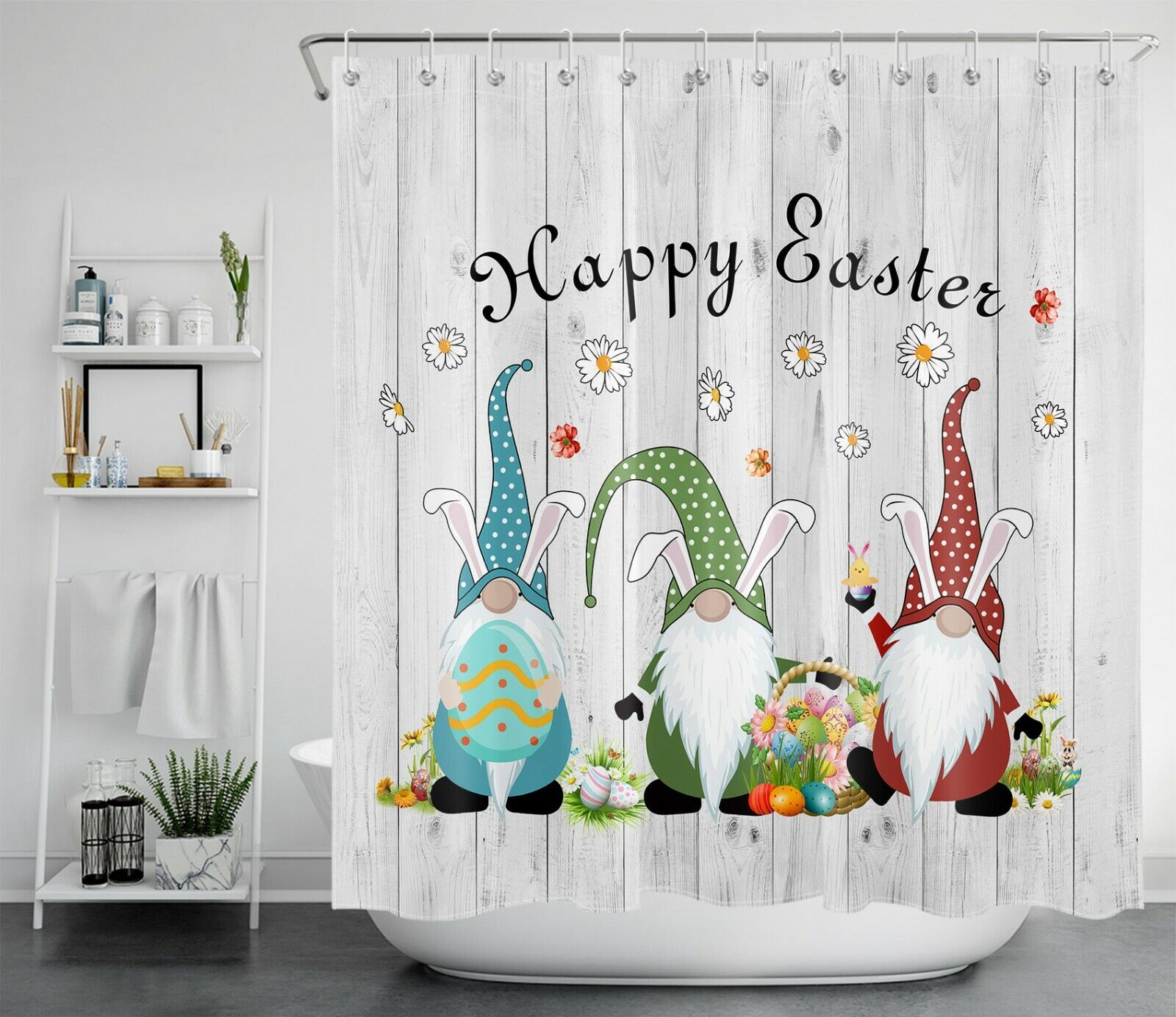 Happy Easter Gnome Rustic Board Shower Curtain for Bathroom Decor