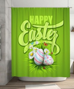Happy Easter Shower Curtain Egg Butterfly Chrysanthemum Green, Bathtub Fabric Waterproof Curtain 