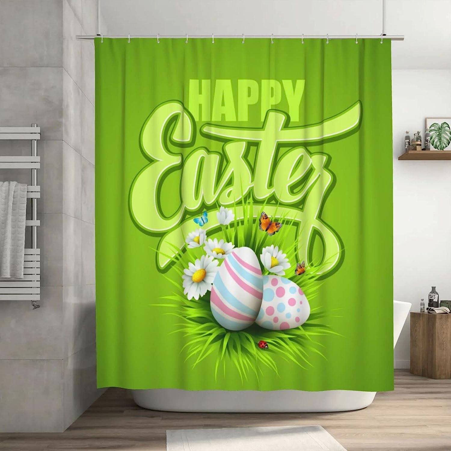 Happy Easter Shower Curtain Egg Butterfly Chrysanthemum Green, Bathtub Fabric Waterproof Curtain