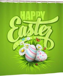 Happy Easter Shower Curtain Egg Butterfly Chrysanthemum Green, Bathtub Fabric Waterproof Curtain