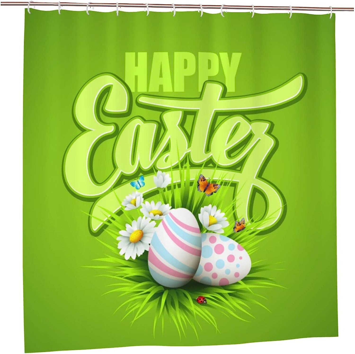 Happy Easter Shower Curtain Egg Butterfly Chrysanthemum Green, Bathtub Fabric Waterproof Curtain