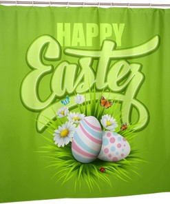 Happy Easter Shower Curtain Egg Butterfly Chrysanthemum Green, Bathtub Fabric Waterproof Curtain