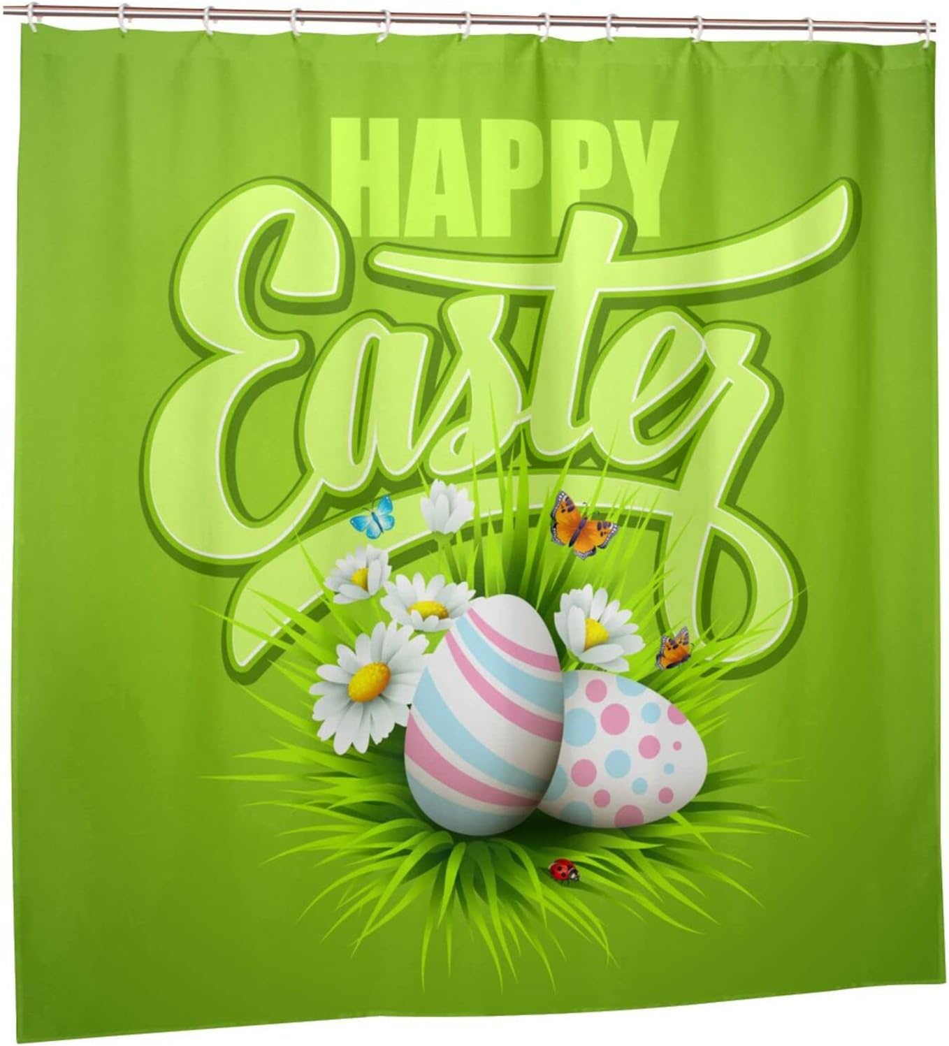 Happy Easter Shower Curtain Egg Butterfly Chrysanthemum Green, Bathtub Fabric Waterproof Curtain