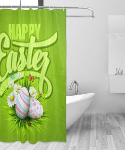 Happy Easter Shower Curtain Egg Butterfly Chrysanthemum Green, Bathtub Fabric Waterproof Curtain