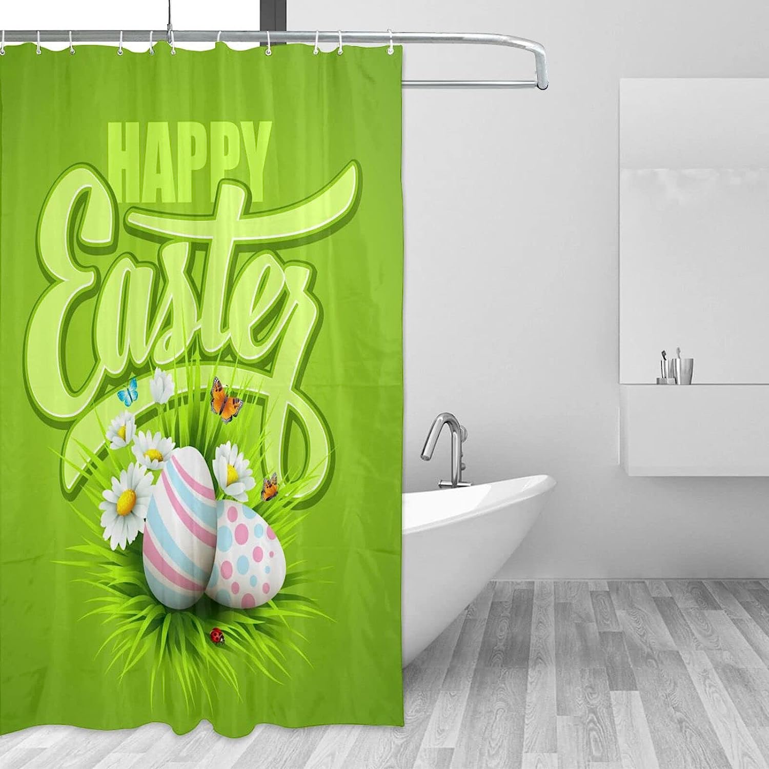 Happy Easter Shower Curtain Egg Butterfly Chrysanthemum Green, Bathtub Fabric Waterproof Curtain