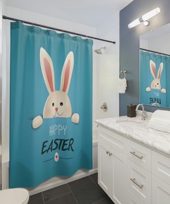 Happy Easter White Rabbit Sagitterrorist Design Shower Curtain, Whimsical Bathroom Decor