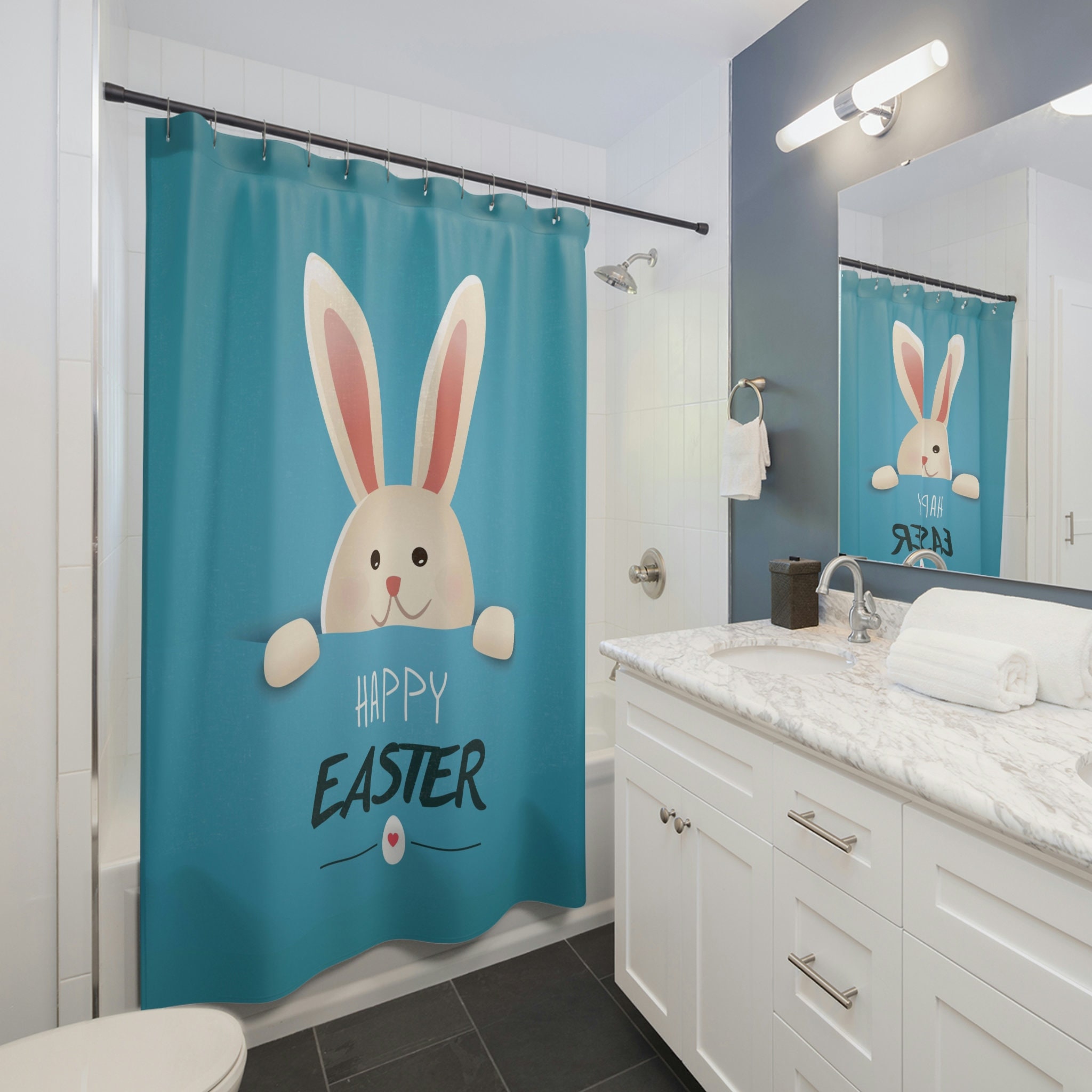 Happy Easter White Rabbit Sagitterrorist Design Shower Curtain, Whimsical Bathroom Decor