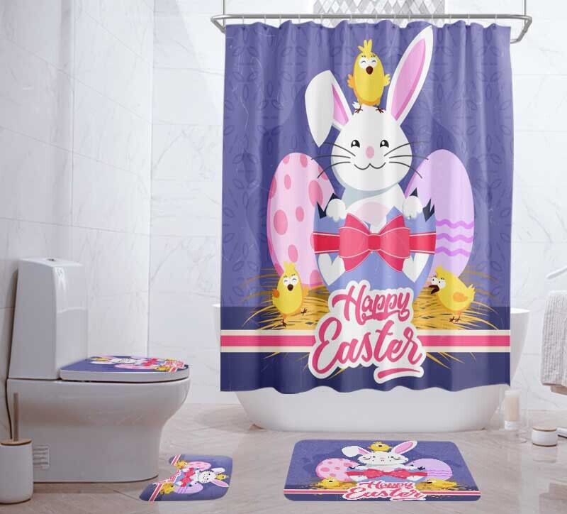 Happy Easter With This Rabbit And Chick Waterproof Shower Curtain