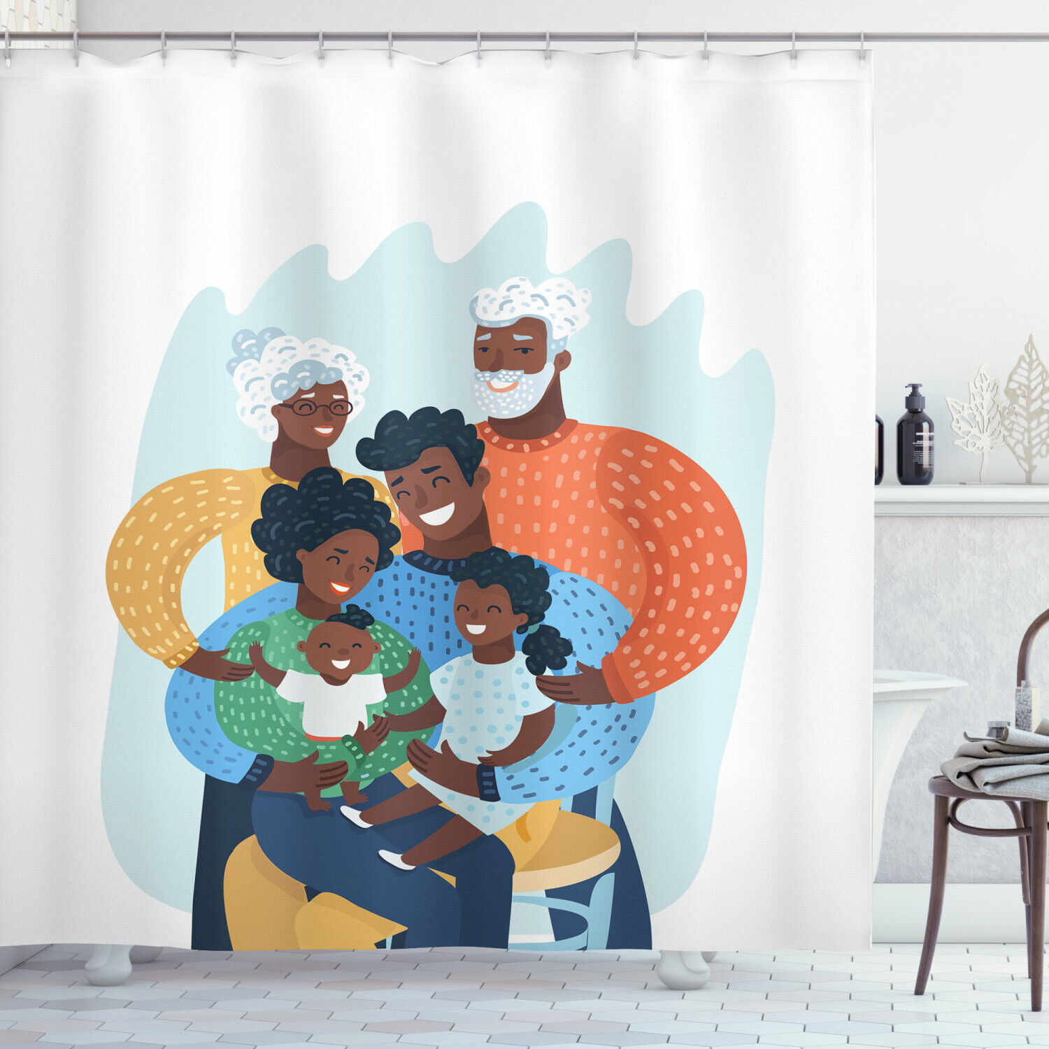 Happy Family Scene African American Shower Curtain - Bold And Colorful Bathroom Decor With Unique And Cheerful Print.